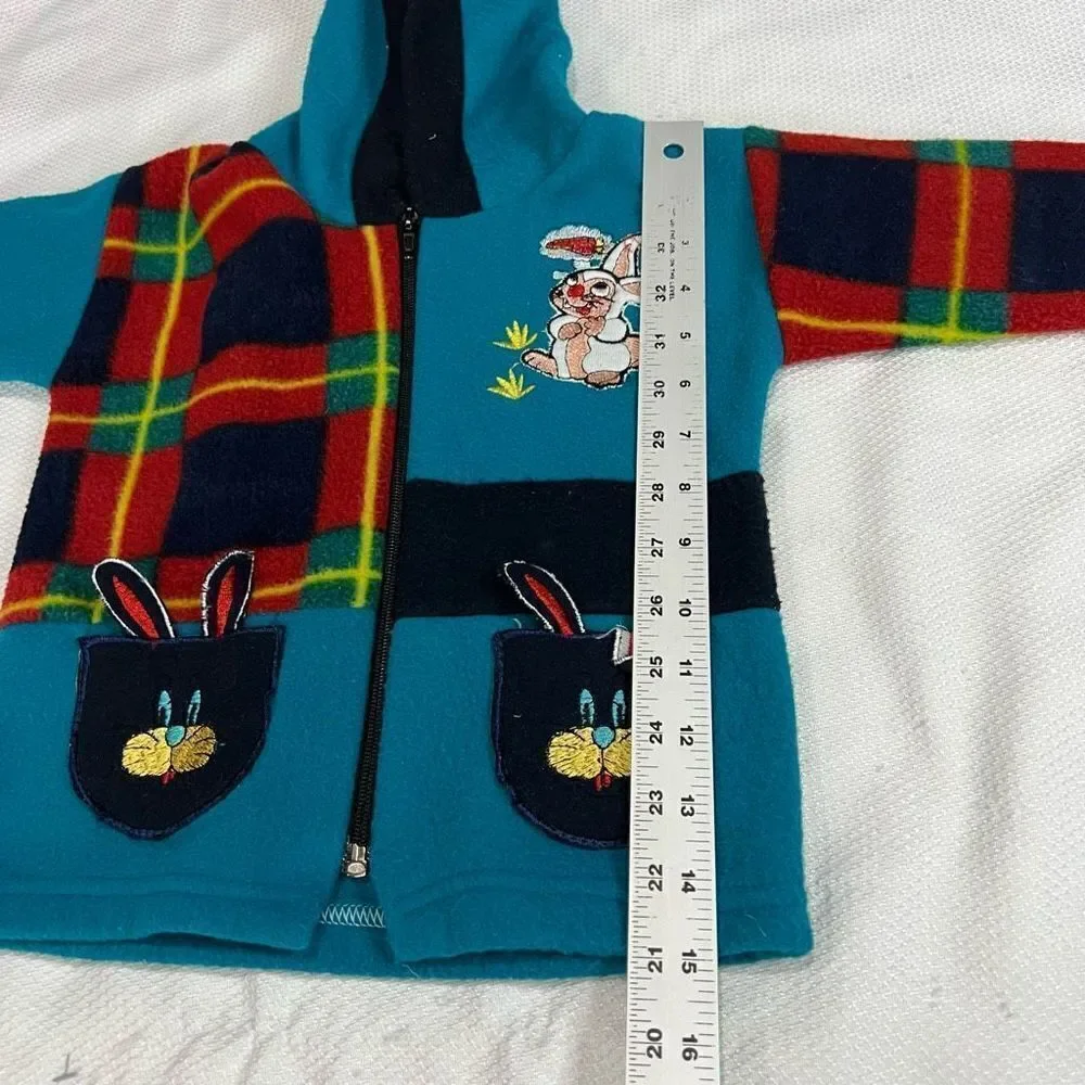 Vintage Bunny Rabbit Turquoise Red Plaid Fleece Jacket‎